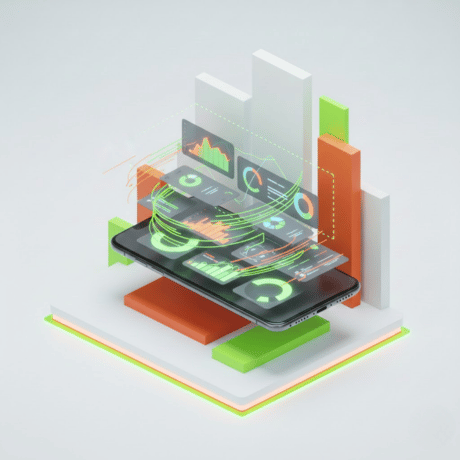 High-end 3D isometric illustration of a sleek, floating glass laptop displaying a dynamic web dashboard. Glowing abstract code lines flowing out of the screen. Clean white background with lime gre (1)