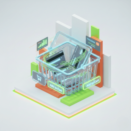 High-end 3D isometric illustration of a sleek, floating glass laptop displaying a dynamic web dashboard. Glowing abstract code lines flowing out of the screen. Clean white background with lime gre (2)