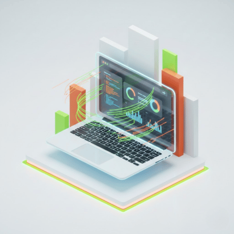 High-end 3D isometric illustration of a sleek, floating glass laptop displaying a dynamic web dashboard. Glowing abstract code lines flowing out of the screen. Clean white background with lime gre